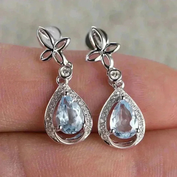 NEW 14k Gold Over Silver Aquamarine White Sapphire Drop Earrings - Picture 2 of 5